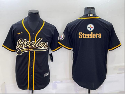 Men's Pittsburgh Steelers Black Team Big Logo With Patch Cool Base Stitched Baseball Jersey